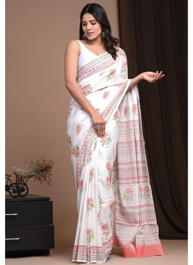 Cotton Mul Mul White Casual Wear Printed Saree